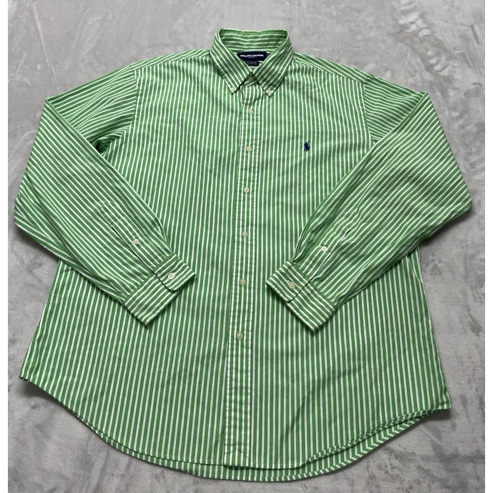 VTG Ralph Lauren Golf Shirt Men XL Green White Striped Custom Fit Hong Kong